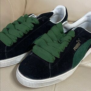 Puma Black Suade Sneakers with Green Highlights